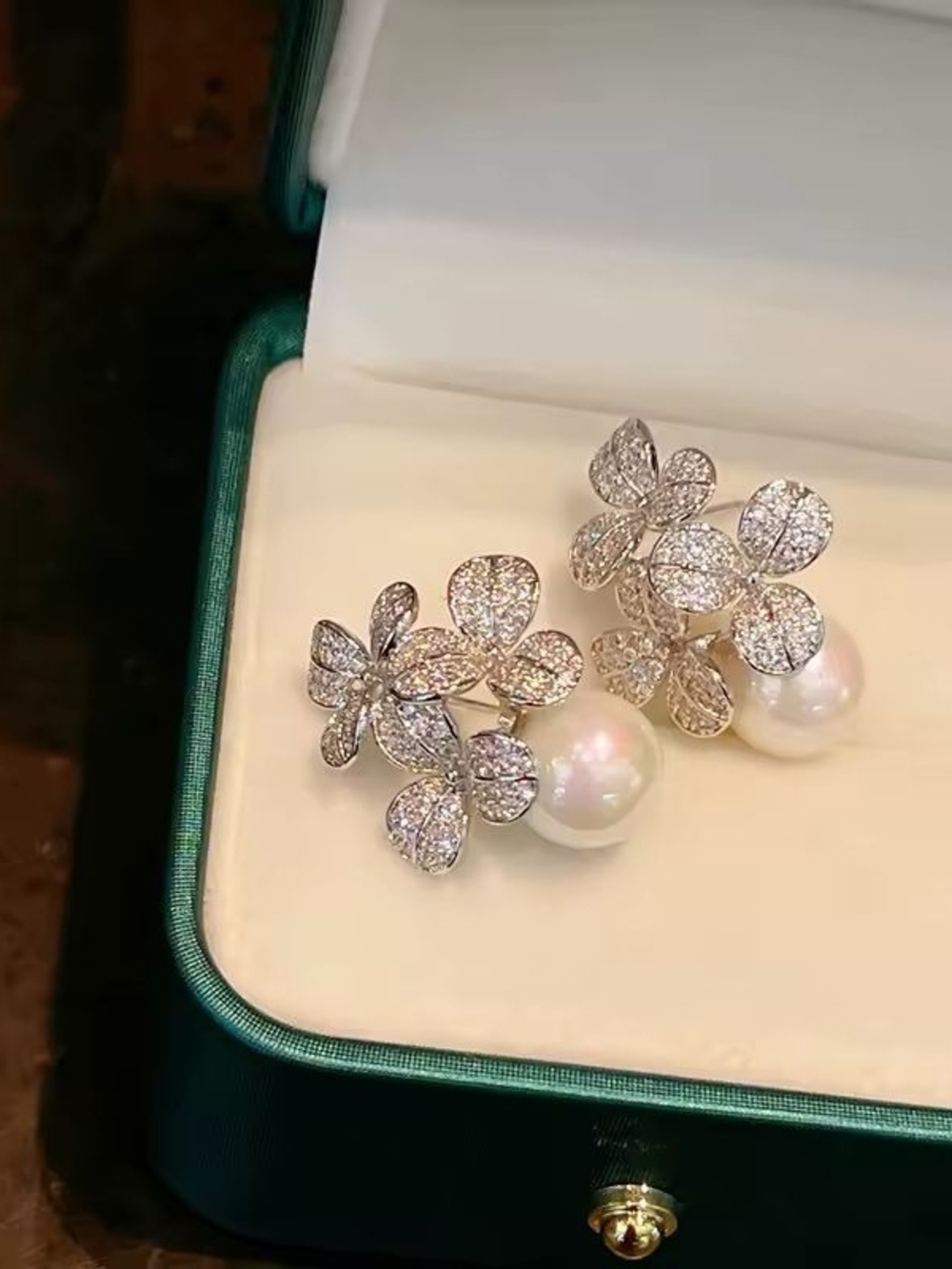 Silver Floral Crystal and Pearl Drop Earrings - White - Picture 3 of 4